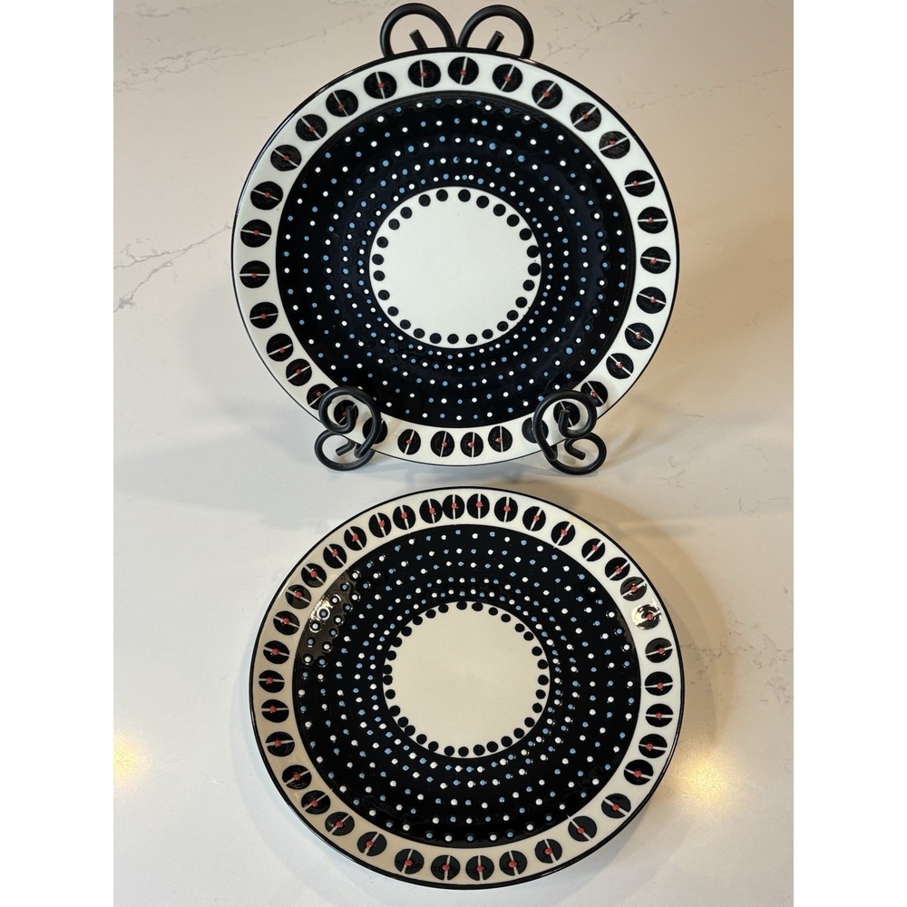 2 Potters Workshop for West Elm Dot Black Bean Salad Plates African Pottery EUC